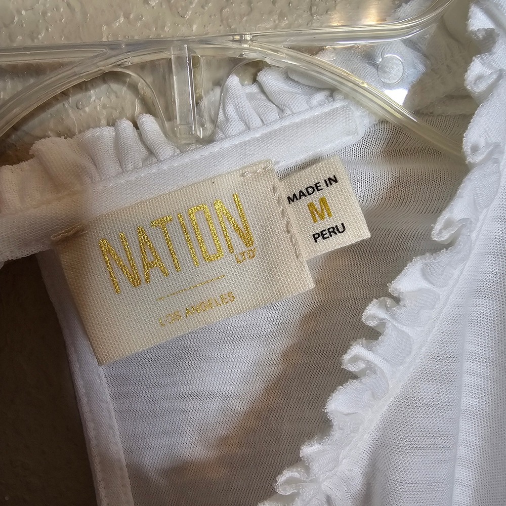 Nation LTD Emma Prim Proper Tee White Pima Cotton Puff Sleeve Ruffle Neck Top M - Picture 6 of 9